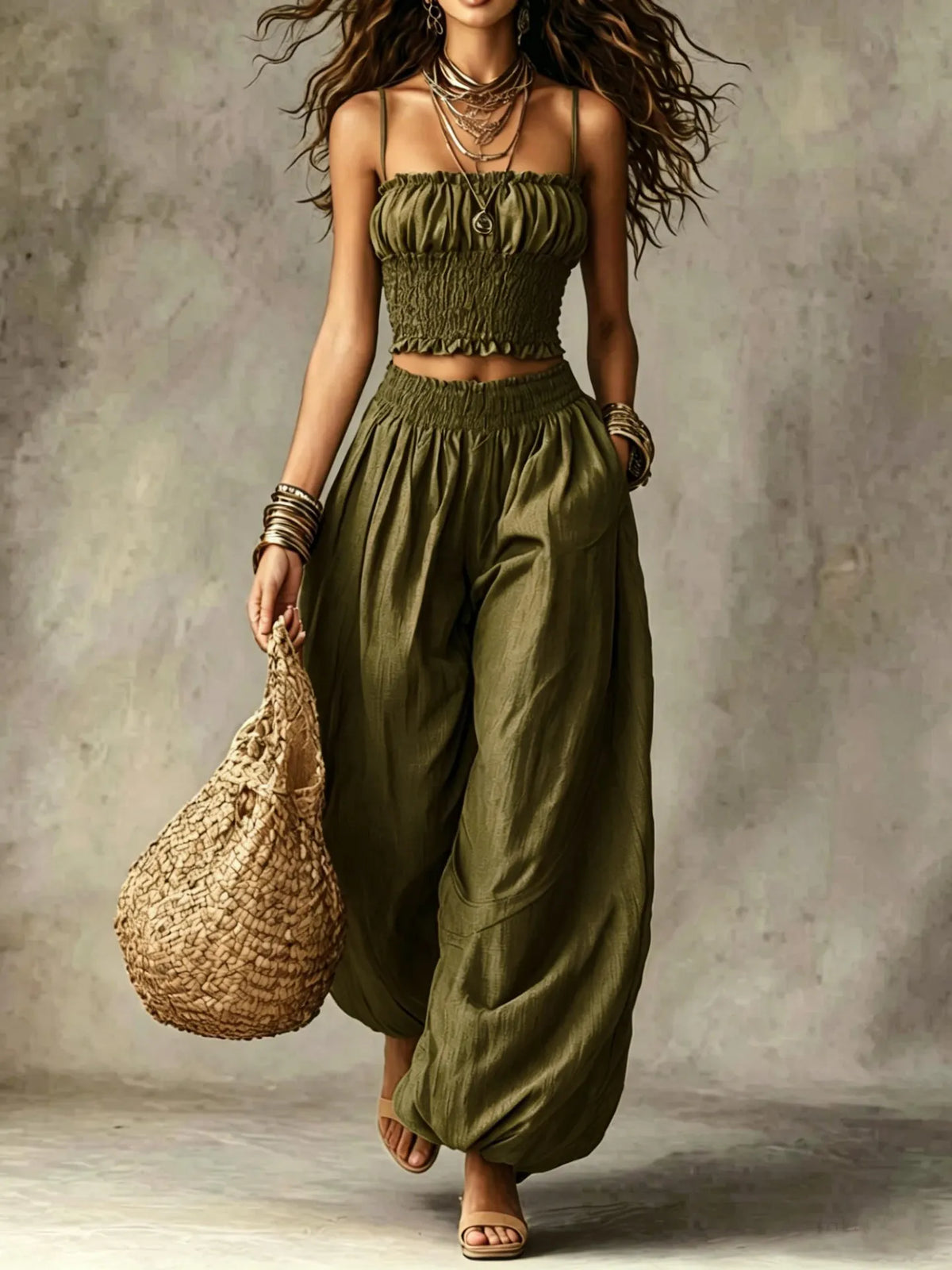 Boho Smocked Cami & Balloon Wide-Leg Pants Two-Piece Set