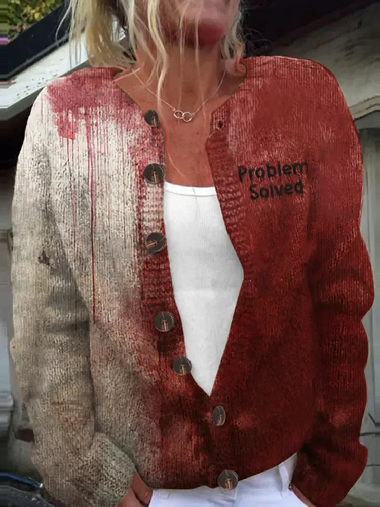 Bloody Problem Solved Halloween Pattern Crew Neck Cozy Knit Cardigan