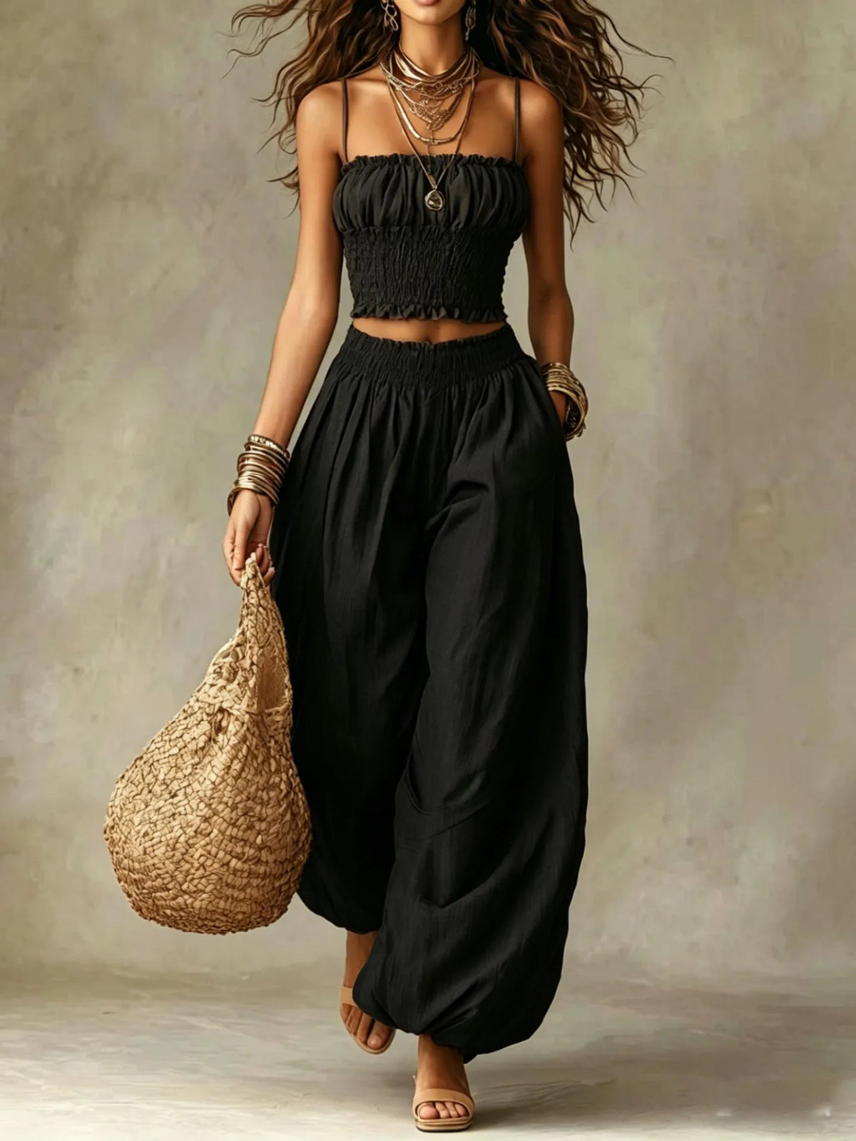Boho Smocked Cami & Balloon Wide-Leg Pants Two-Piece Set