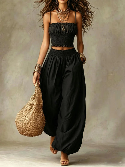 Boho Smocked Cami & Balloon Wide-Leg Pants Two-Piece Set