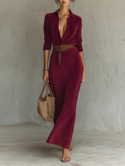 Belted Corduroy Shirt Maxi Dress