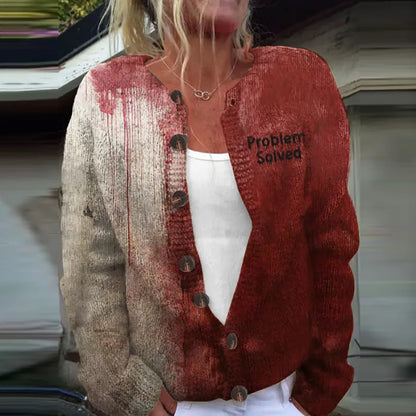 Bloody Problem Solved Halloween Pattern Crew Neck Cozy Knit Cardigan