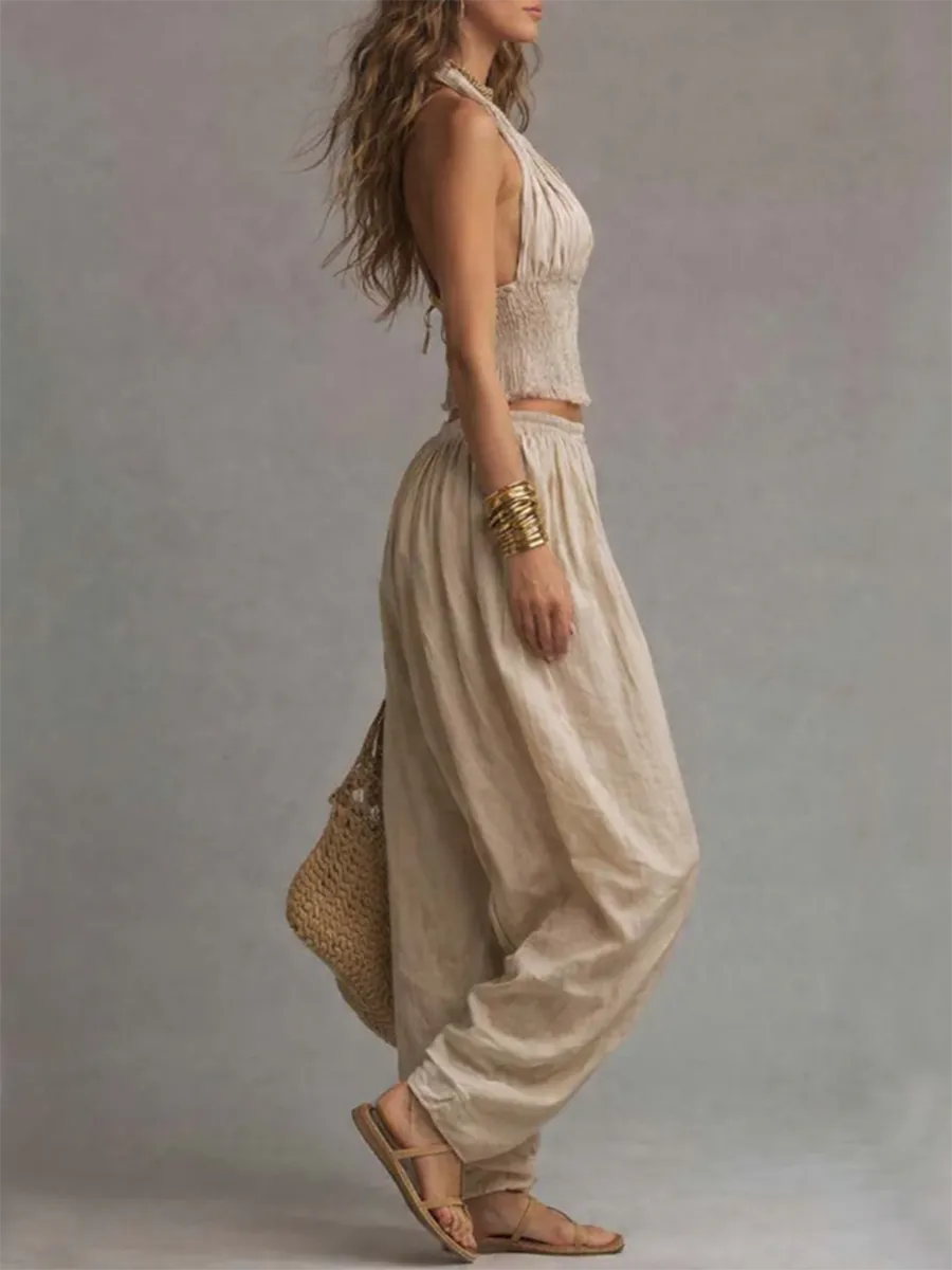 Bohemian Cotton-Linen Halter Smocked Crop Top & Harem Pants Two-Piece Set