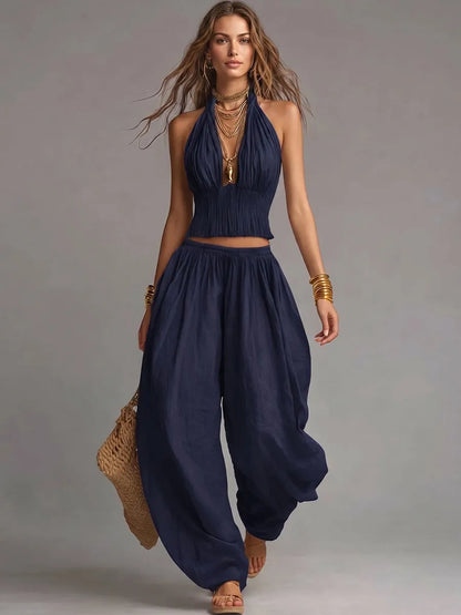 Bohemian Cotton-Linen Halter Smocked Crop Top & Harem Pants Two-Piece Set