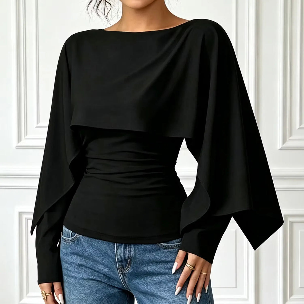 Beige Asymmetric Cape Neck Ruched Blouse