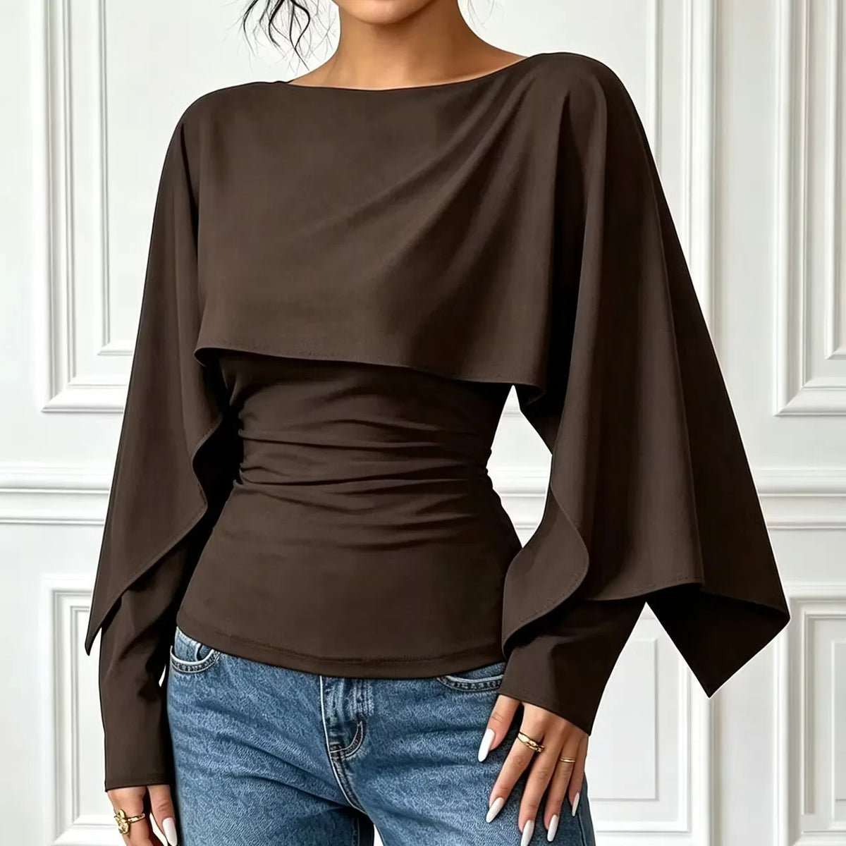Beige Asymmetric Cape Neck Ruched Blouse