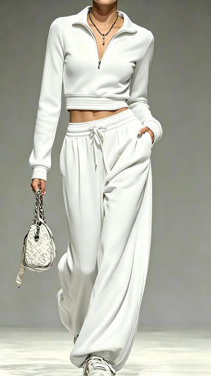 2‑Piece Half‑Zip Cropped Tracksuit Set | Striped Rib Trim Pullover & Drawstring Wide Leg Sweatpants Sporty Outfit