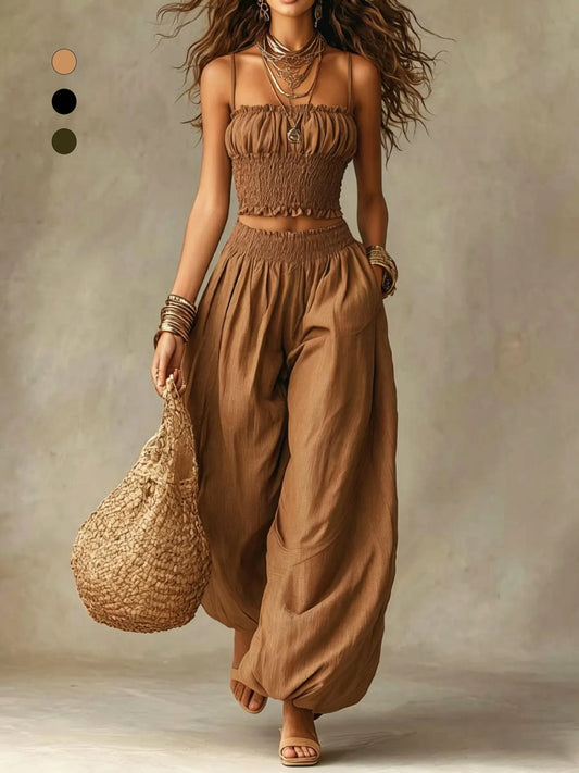 Boho Smocked Cami & Balloon Wide-Leg Pants Two-Piece Set