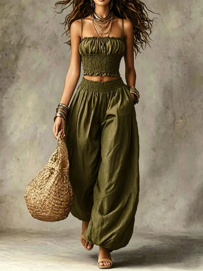 Boho Smocked Cami & Balloon Wide-Leg Pants Two-Piece Set