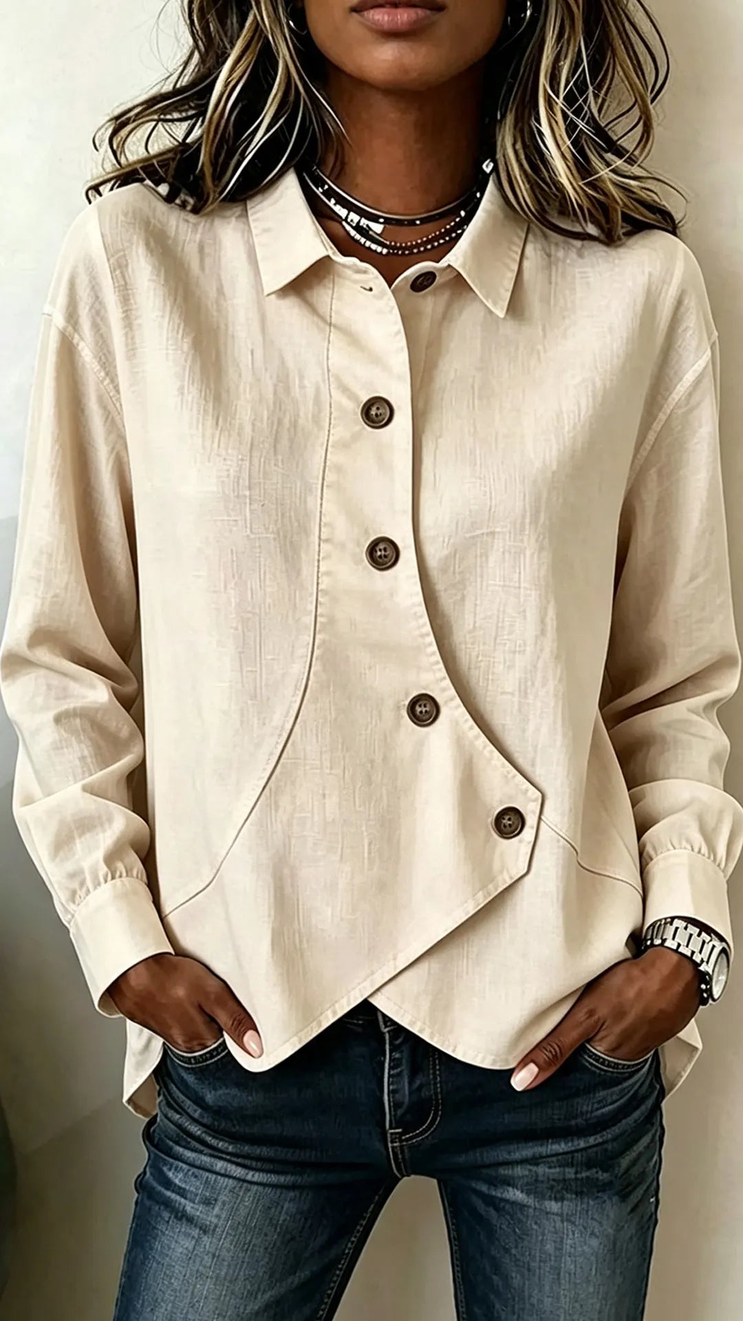 Asymmetrical Button-Up Collared Blouse