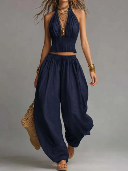 Bohemian Cotton-Linen Halter Smocked Crop Top & Harem Pants Two-Piece Set