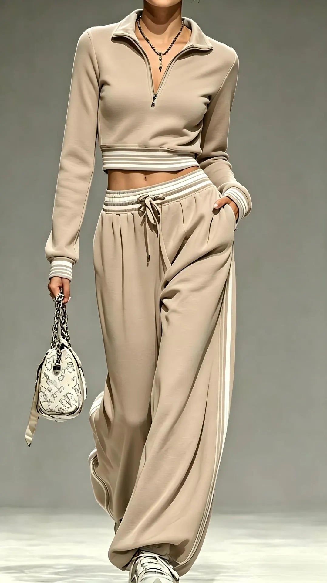 2‑Piece Half‑Zip Cropped Tracksuit Set | Striped Rib Trim Pullover & Drawstring Wide Leg Sweatpants Sporty Outfit