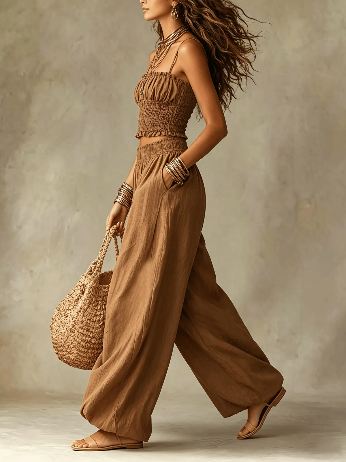 Boho Smocked Cami & Balloon Wide-Leg Pants Two-Piece Set