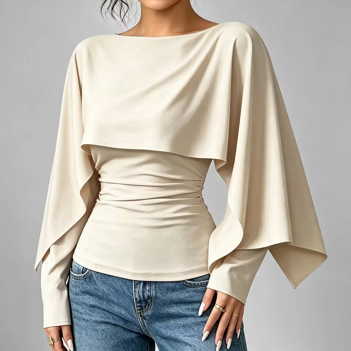 Beige Asymmetric Cape Neck Ruched Blouse