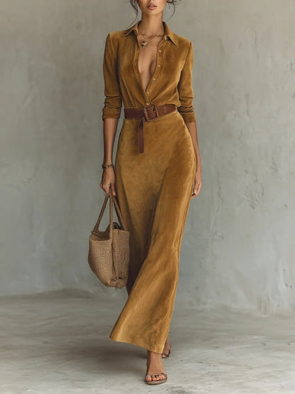 Belted Corduroy Shirt Maxi Dress