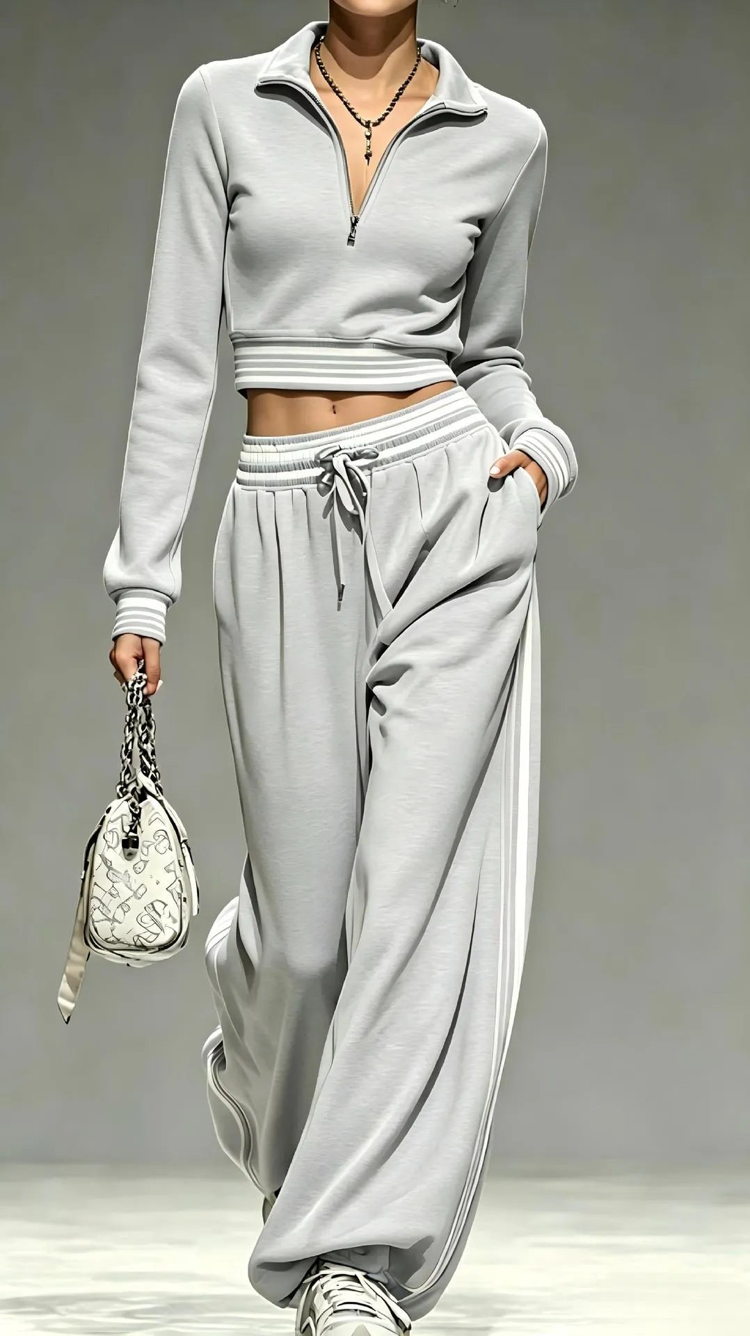 2‑Piece Half‑Zip Cropped Tracksuit Set | Striped Rib Trim Pullover & Drawstring Wide Leg Sweatpants Sporty Outfit