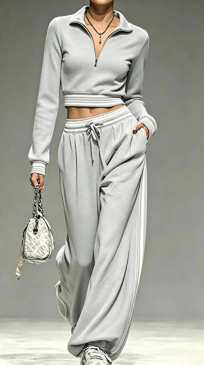 2‑Piece Half‑Zip Cropped Tracksuit Set | Striped Rib Trim Pullover & Drawstring Wide Leg Sweatpants Sporty Outfit