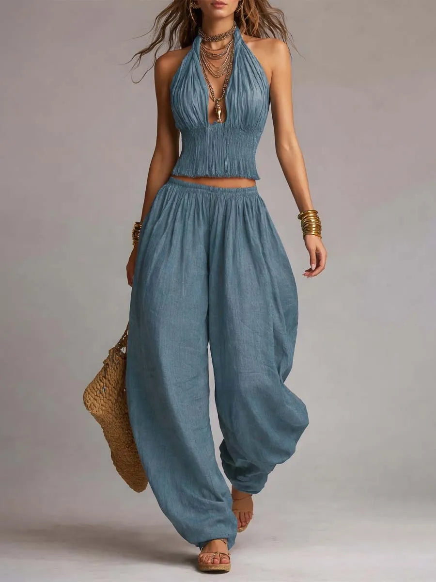 Bohemian Cotton-Linen Halter Smocked Crop Top & Harem Pants Two-Piece Set
