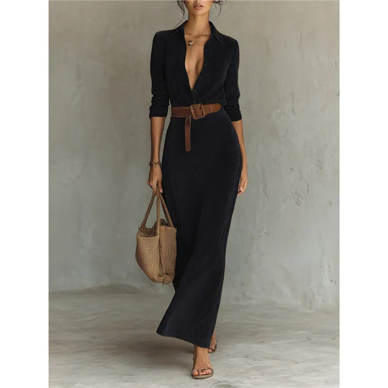 Belted Corduroy Shirt Maxi Dress