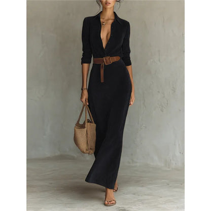 Belted Corduroy Shirt Maxi Dress